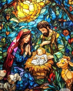 Stained glass artwork showing the nativity scene with Mary, Joseph, and infant Jesus in vibrant colors