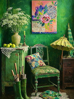 Green vintage room with chair, flowers, boots, apples, and colorful wall art