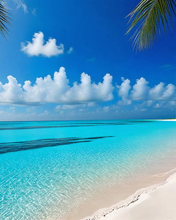 Tropical beach with turquoise water, white sand, blue sky with clouds, and palm leaves