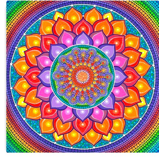 Colorful mandala with lotus petals and geometric center on rainbow gradient background