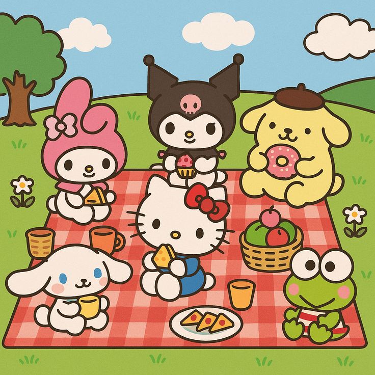Hello Kitty and Sanrio characters picnicking on checkered blanket in park with trees and hills