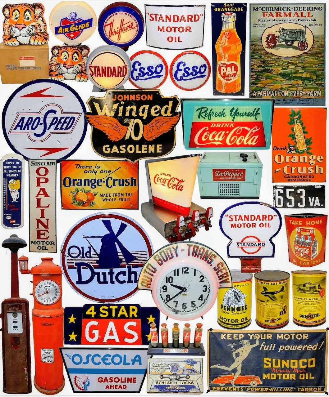 Collage of colorful vintage gasoline, soda, and motor oil advertising signs