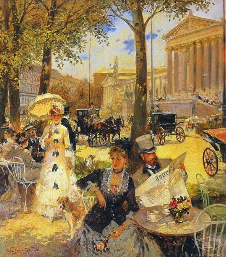 Victorian-era painting of people at an outdoor café near a neoclassical building with horse-drawn carriages