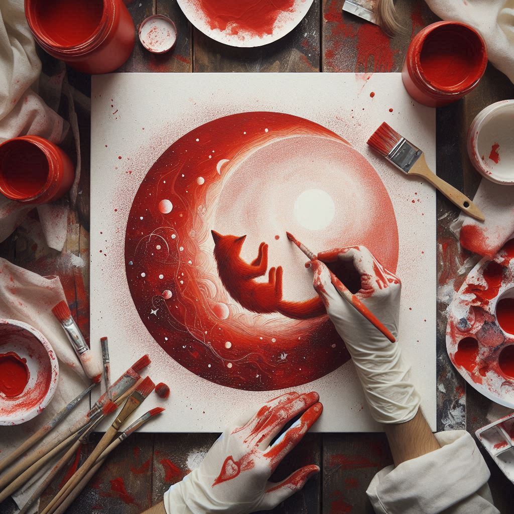 Gloved hands painting a red cat silhouette in a glowing circular artwork with brushes and paint around it