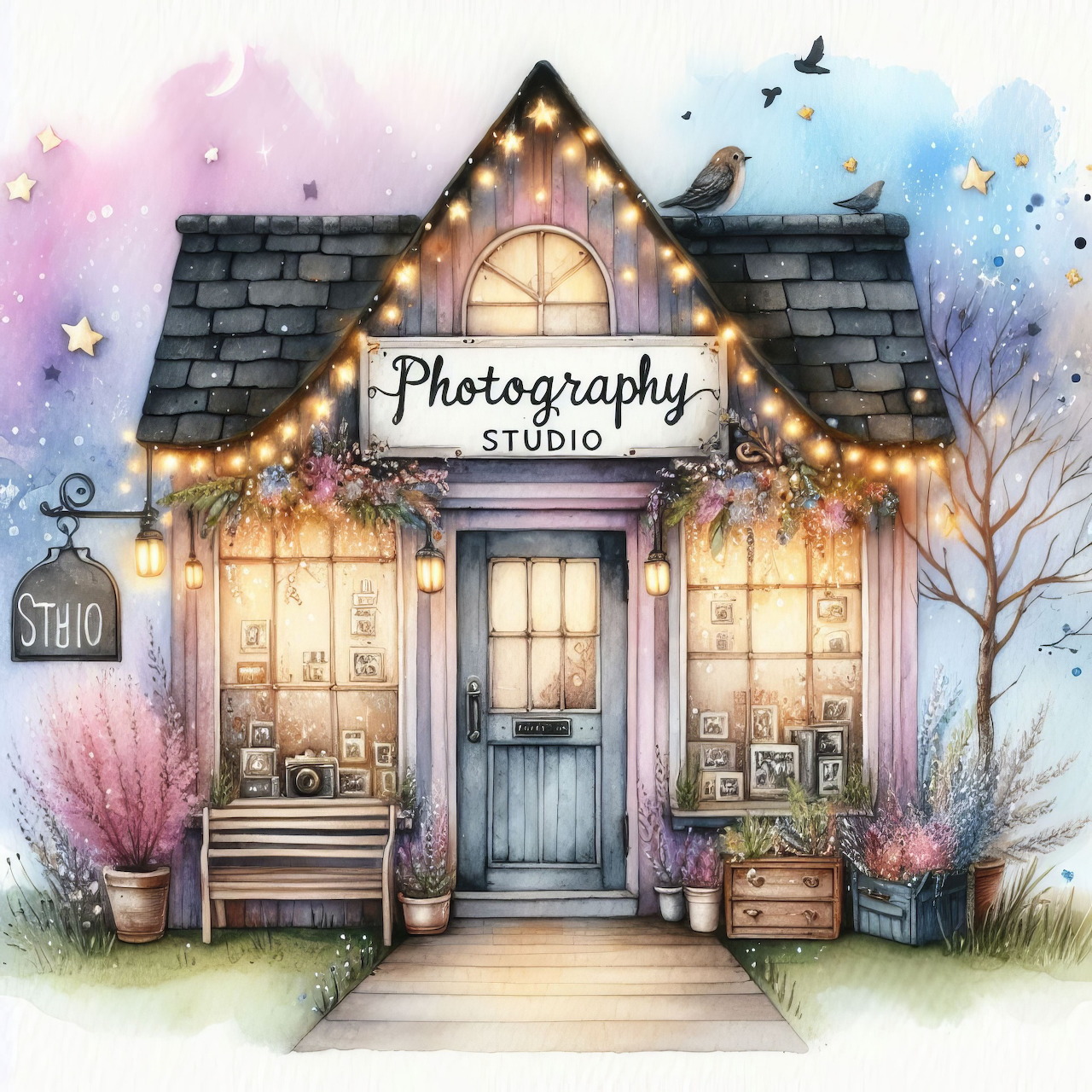Whimsical pastel photography studio cottage with string lights, flowers, and birds