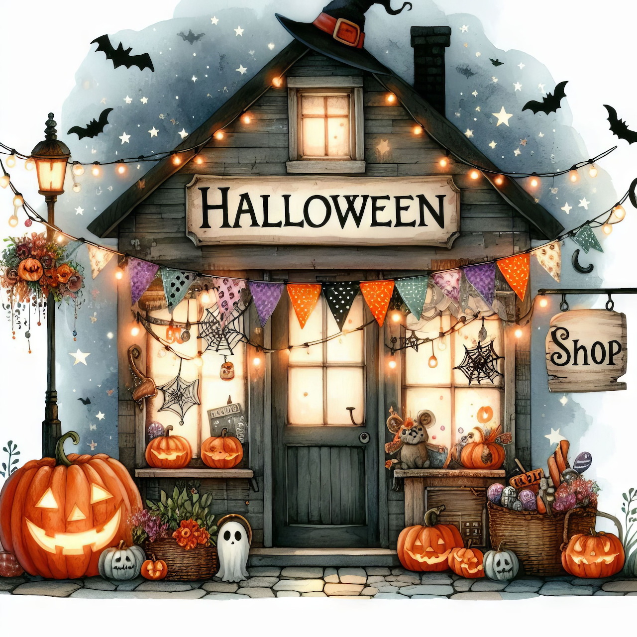 Illustrated Halloween shop front with jack-o'-lanterns, bats, lights, and a ghost by the door