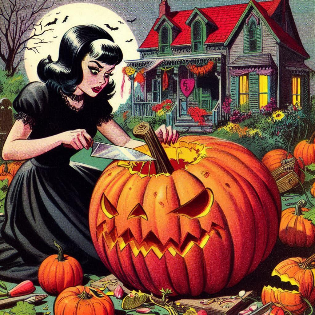 Woman in black dress carving large Halloween pumpkin at night with haunted house and full moon behind