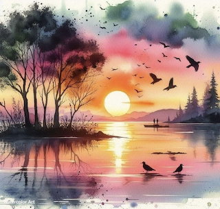 Watercolor Sunset Birds