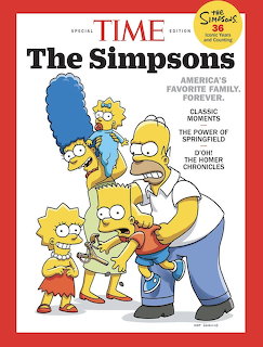 The Simpsons family characters on TIME magazine cover with red border