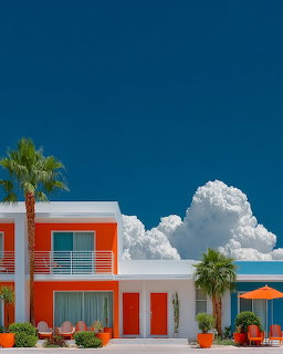 Colorful orange and white resort building with palm trees and bright blue sky with white clouds