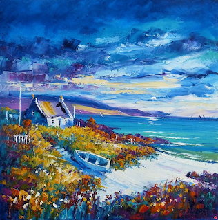 Impressionist painting of white cottage by ocean with colorful flowers and dramatic blue sky