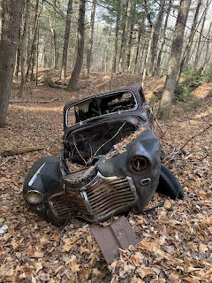 Abandoned rusty 1941 Chevrolet sedan decaying on a leaf-covered forest floor surrounded by trees