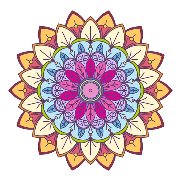 Colorful mandala with symmetrical floral petals in pink, blue, yellow and orange on white background