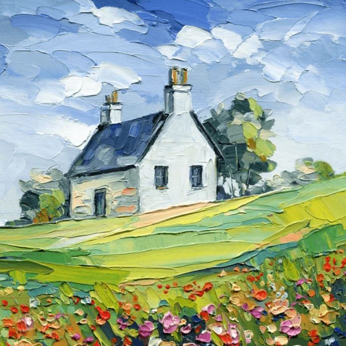 Impressionist painting of a white cottage on green hills with flowers and a blue sky