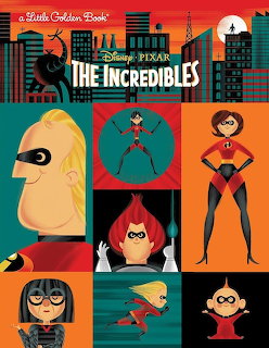 Grid of cartoon superhero characters in retro style with orange and teal color scheme and city silhouette background
