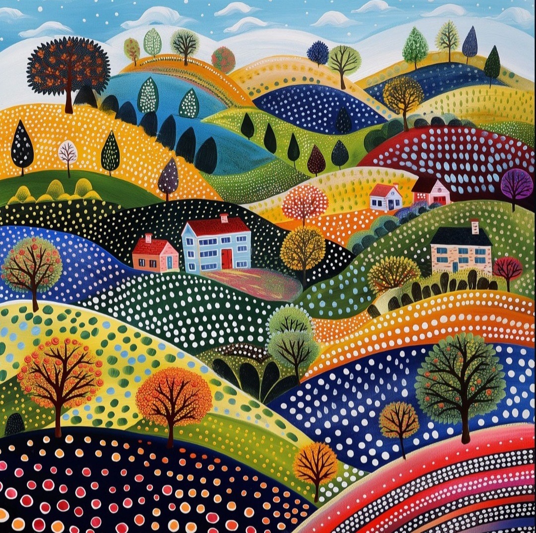 Folk art painting of rolling hills with geometric patterns, trees, houses, and blue sky