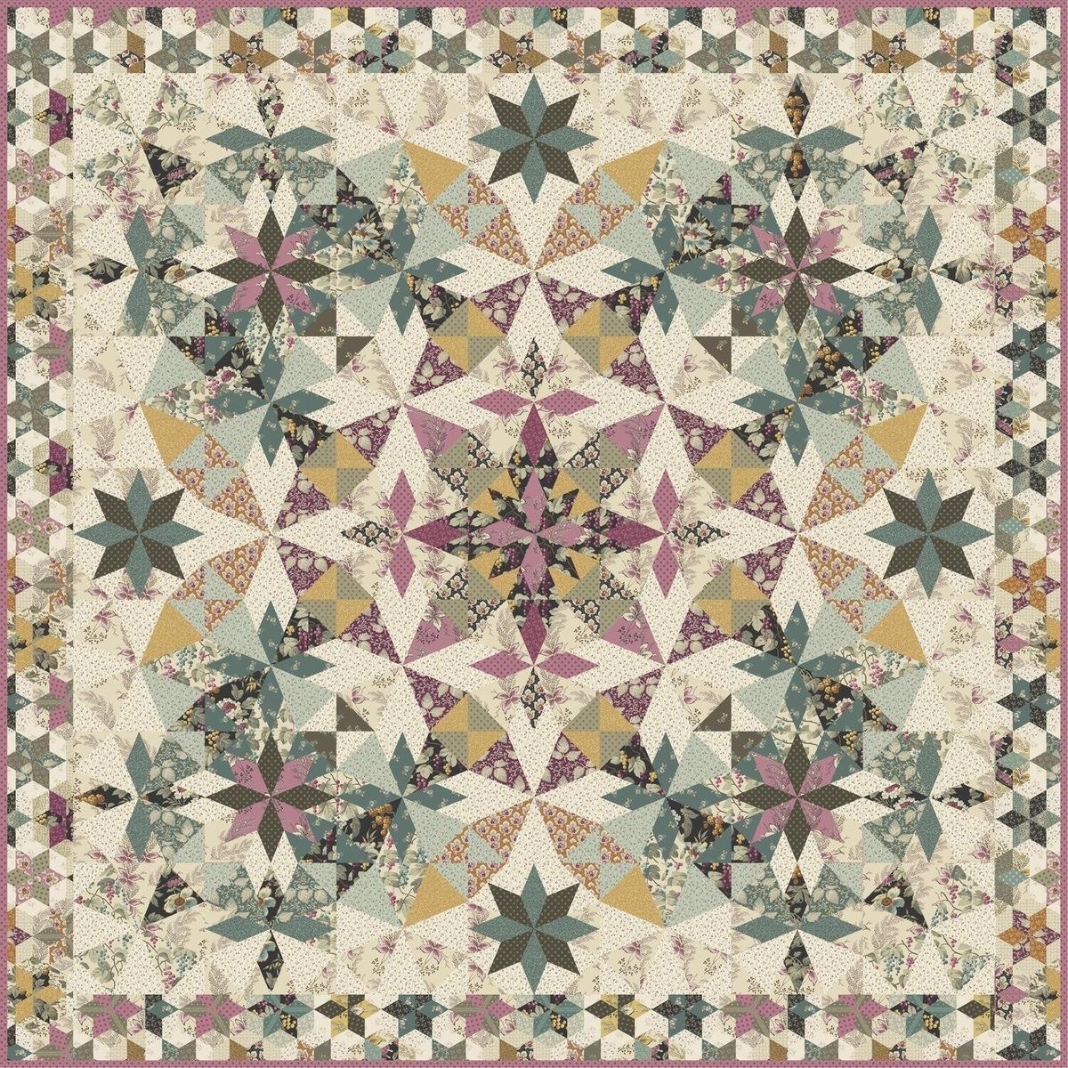 Symmetrical patchwork quilt with floral star motifs in earth tones