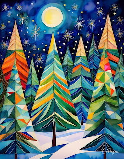 Colorful geometric pine trees with striped patterns under starry night sky with moon