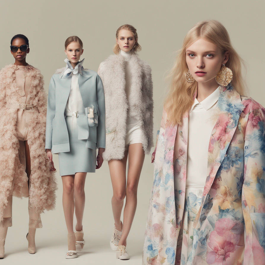 Four fashion models in pastel coats and dresses posing in a studio