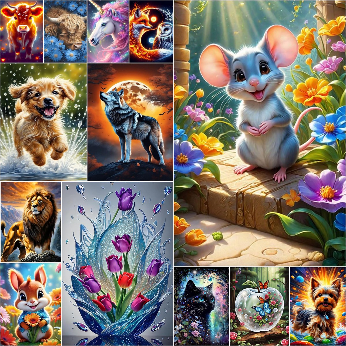 Colorful collage of fantasy animal art with a mouse, lion, wolf, rabbit, dog, and flowers