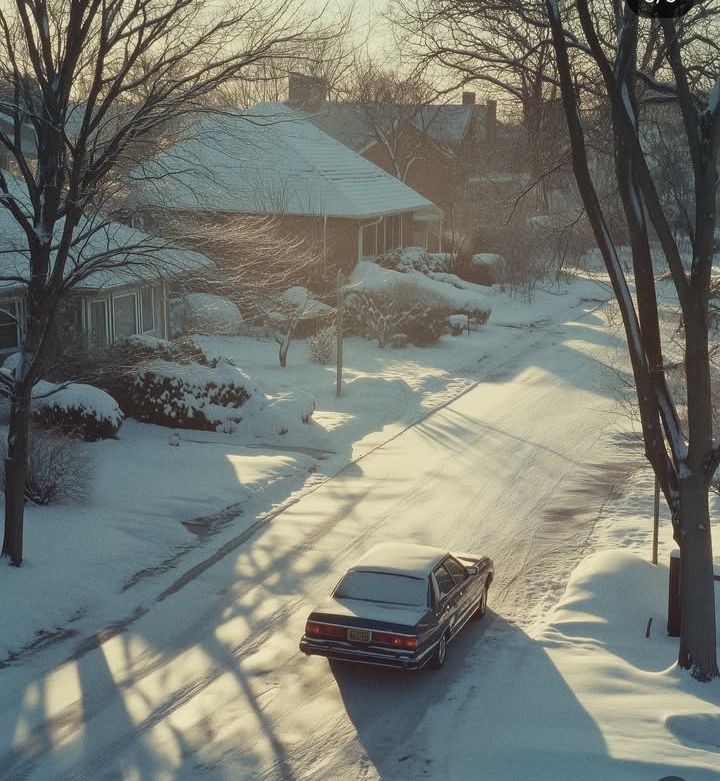 Snow-covered suburban street with vintage car, houses, and bare trees in winter morning light
