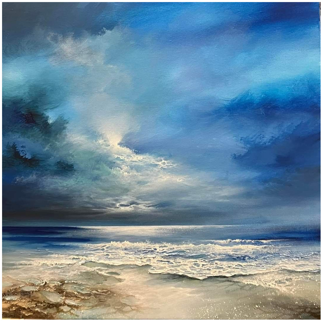 Abstract painting of stormy ocean with dramatic blue sky, white waves, and sunlight breaking through clouds over beach