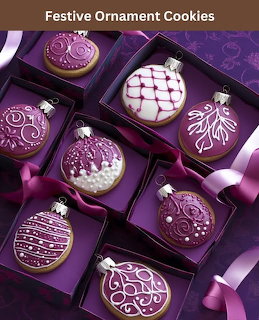 Purple ornament-shaped Christmas cookies decorated with white and pink icing in gift boxes