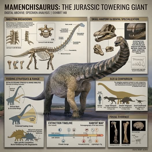 Detailed infographic about Mamenchisaurus dinosaur with skeleton, size comparison, habitat map, and fossil illustrations