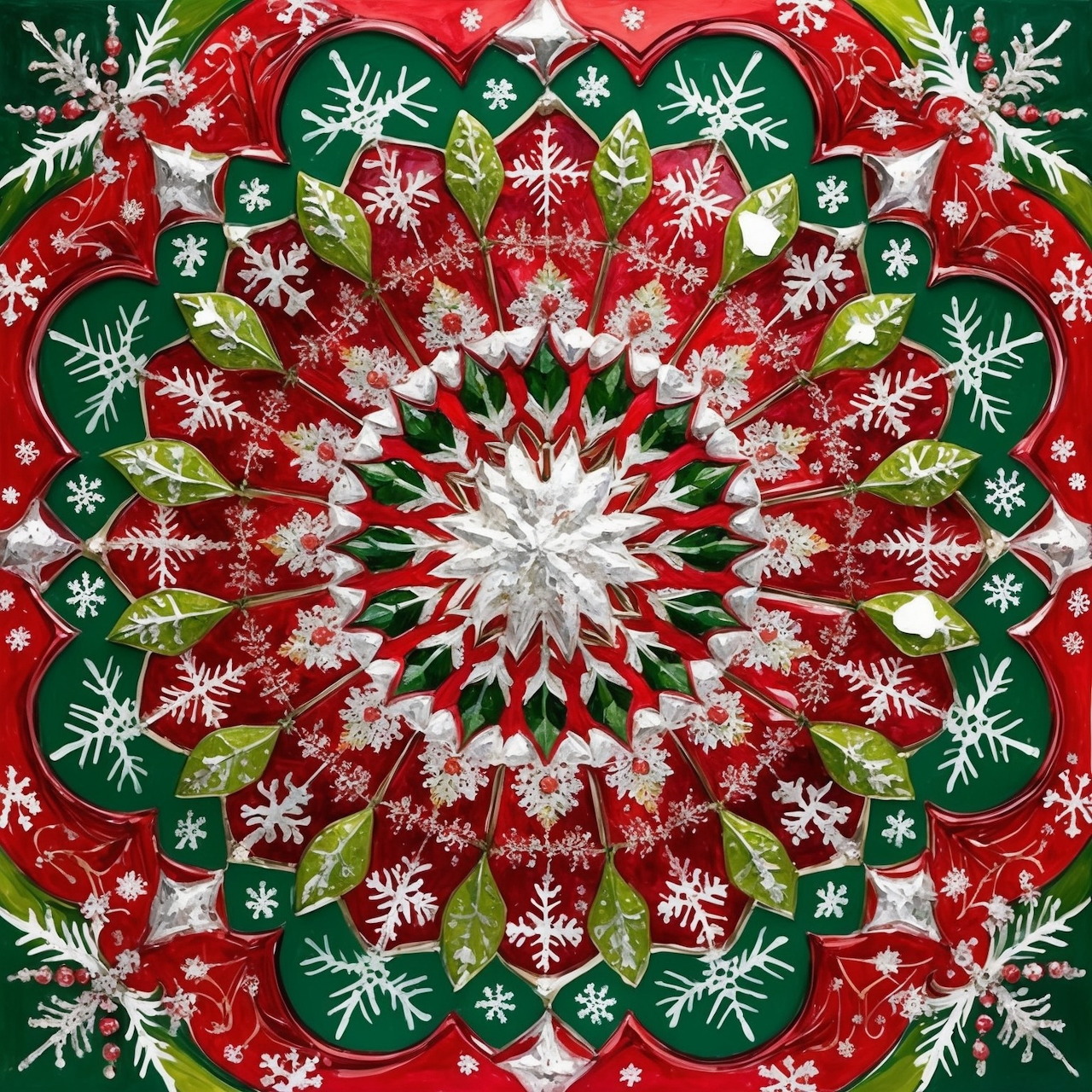 Intricate Christmas kaleidoscope with snowflakes and holly in red, green and white symmetrical pattern