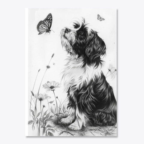 Monochrome pencil drawing of a fluffy puppy looking up at a butterfly near flowers