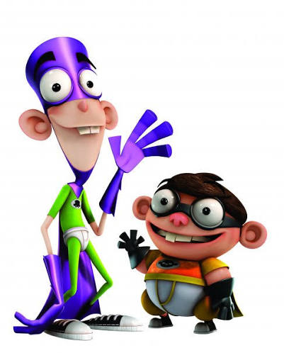 Two cartoon superhero characters, one tall in purple and green, one short in black cape with yellow belt