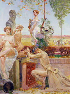 Classical painting showing allegorical figures in flowing robes on a terrace with pastoral landscape background