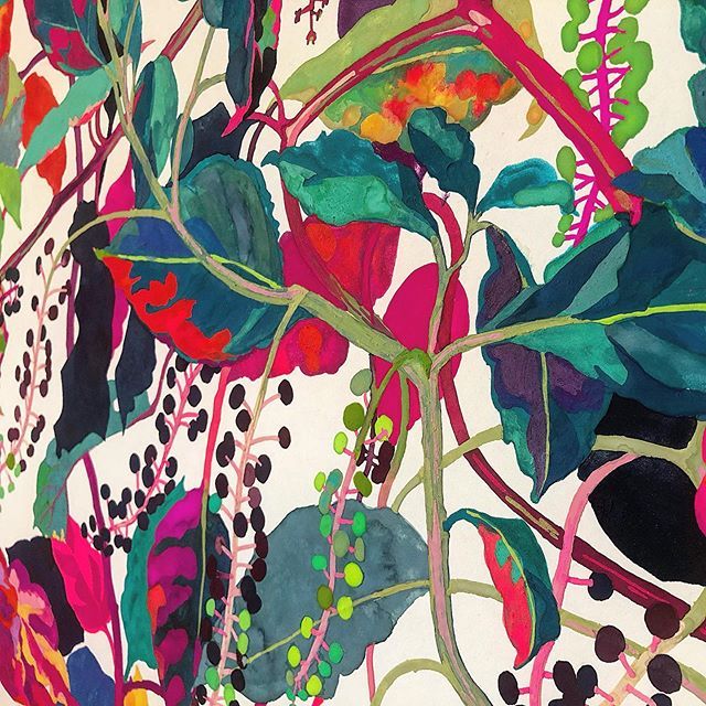 Abstract painting with colorful overlapping leaves and organic shapes in pink, teal, and purple tones with dots and patterns