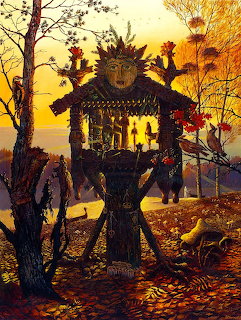 Painting of a wooden pagan altar in an autumn forest at sunset
