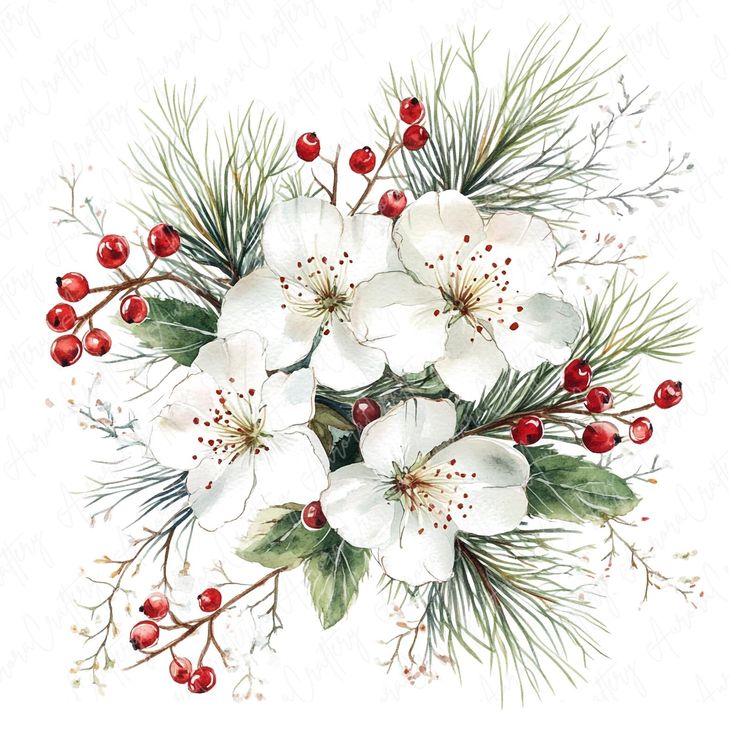 Watercolor illustration of white flowers surrounded by pine needles, red berries, and delicate branches