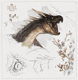 Roaring dragon head sketch with an eye study and plant branches on a pale background