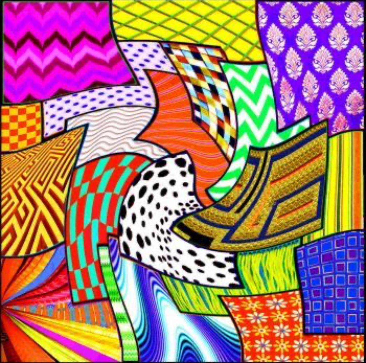 Colorful abstract collage with various geometric patterns including zigzags, dots, stripes, and swirls in bright colors