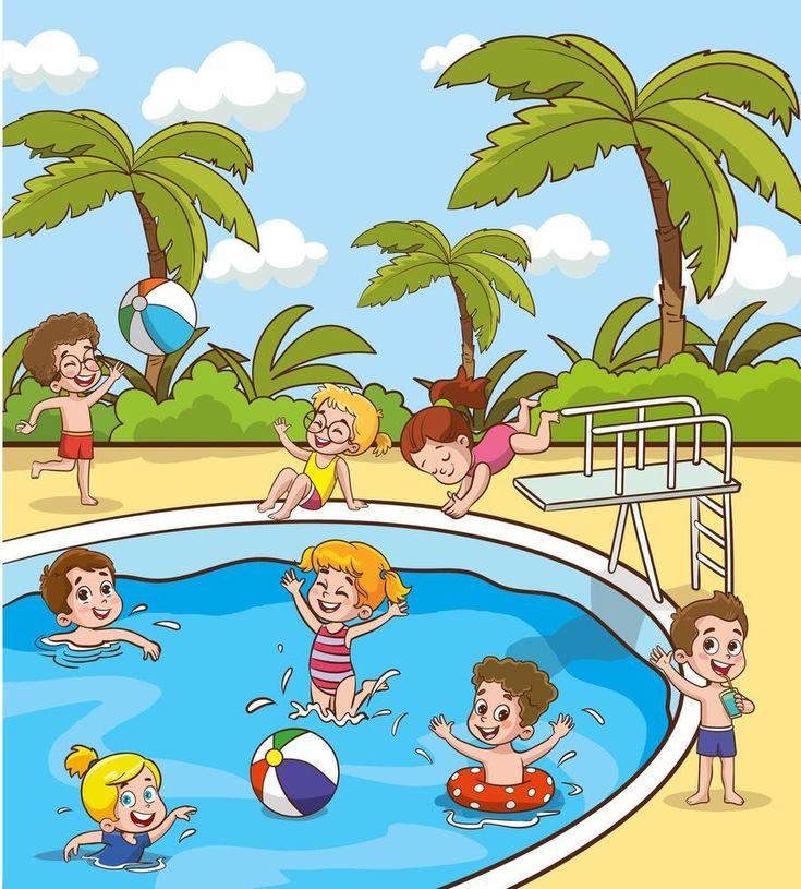 Cartoon kids playing in a swimming pool with palm trees and a diving board in the background.