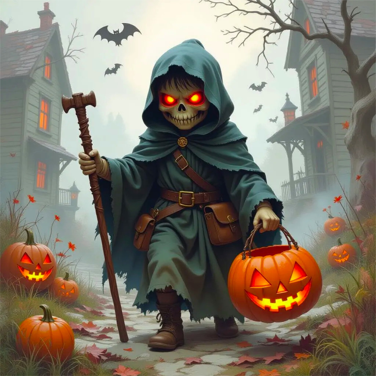 Hooded skeleton carrying a glowing jack-o'-lantern near haunted houses on a foggy Halloween night