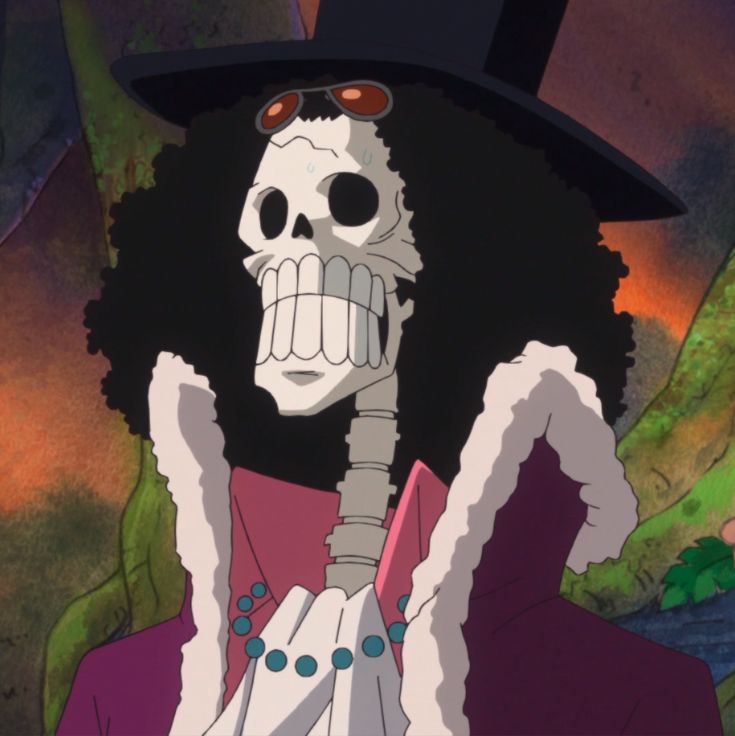 Anime skeleton character Brook wearing top hat and purple vest with afro hairstyle