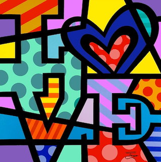 Colorful abstract pop art with geometric shapes and a blue heart