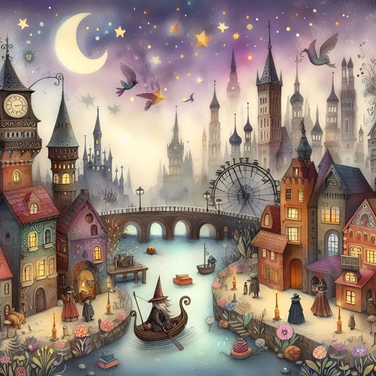 Fantasy city at twilight with towers, bridge, gondolas, crescent moon and glowing windows in purple evening sky