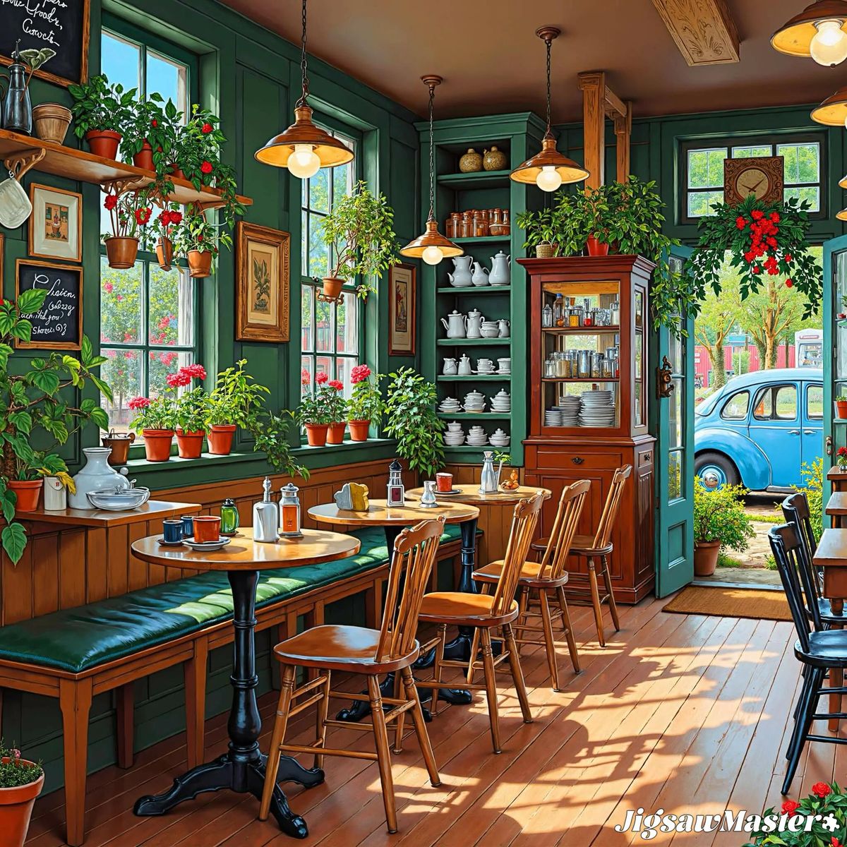 Cozy cafe interior with green walls, wooden chairs, tables, hanging plants, and large windows