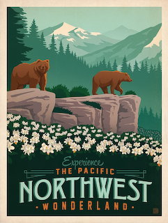 Retro travel poster with bears on rocks, mountains, pine forests, and white flowers, text reads Pacific Northwest Wonderland