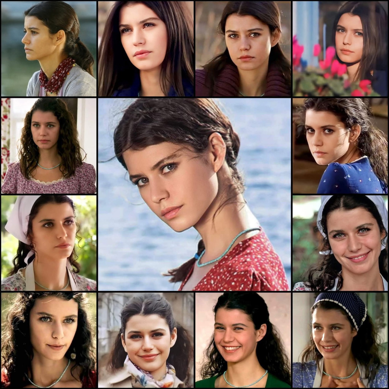 Collage of portrait photos of a dark-haired woman in different poses and expressions