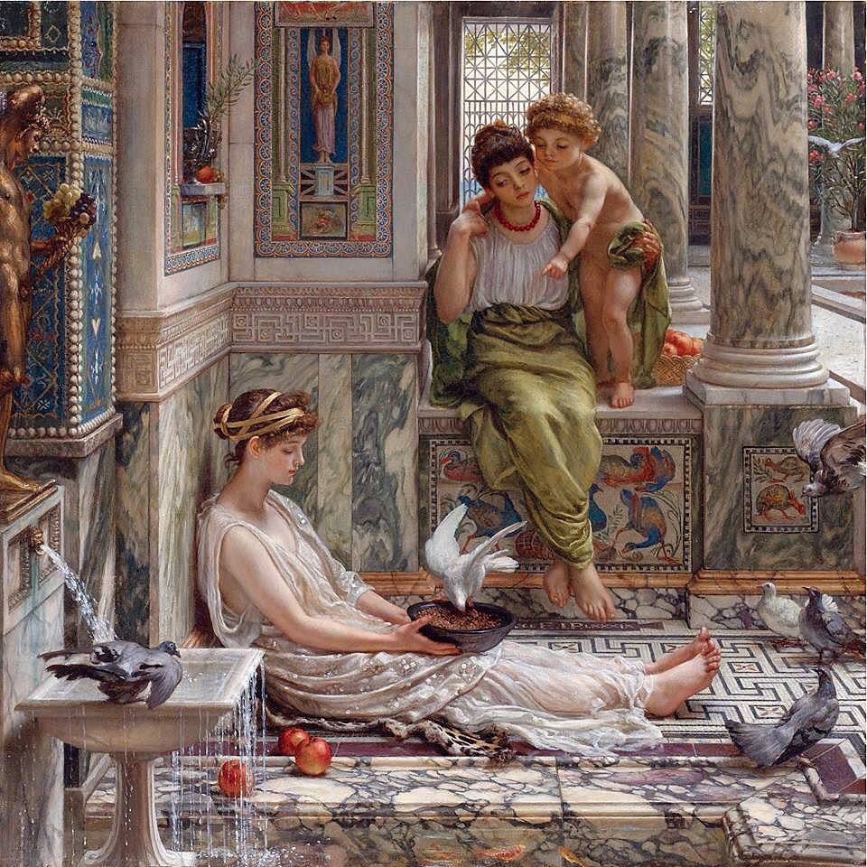 Classical painting of three women in robes seated in an ornate marble interior with doves