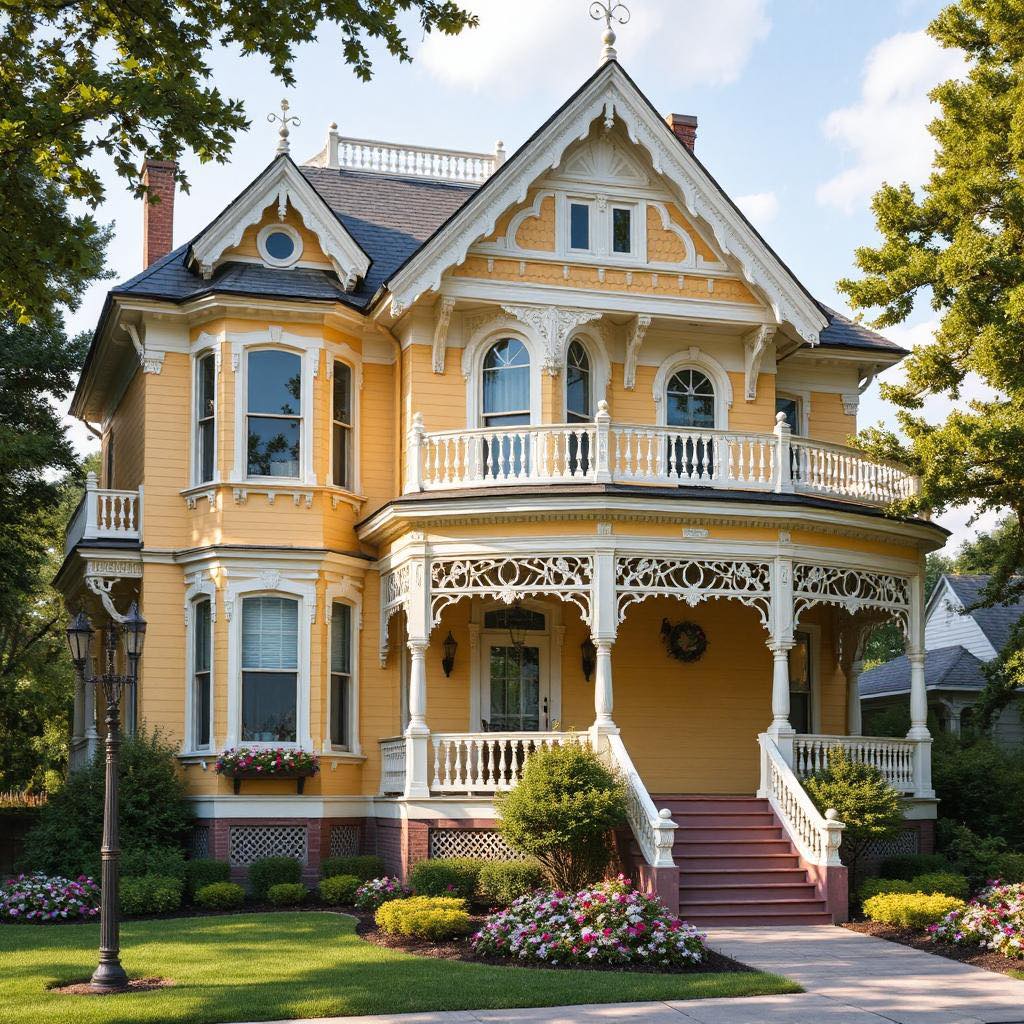 Yellow Victorian house with white decorative trim, wraparound porch, bay windows, and landscaped lawn