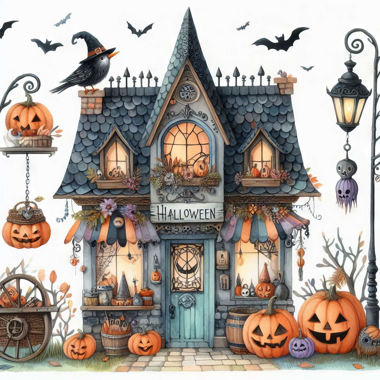 Illustrated blue haunted house with jack-o'-lanterns, bats, and glowing arched windows in whimsical Halloween style