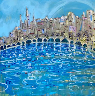 Impressionist painting of Menton waterfront with stone bridge arches over blue swirling water and coastal buildings at sunset
