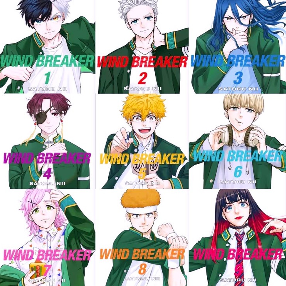 3x3 grid of nine anime character portraits from WIND BREAKER with numbered text overlays